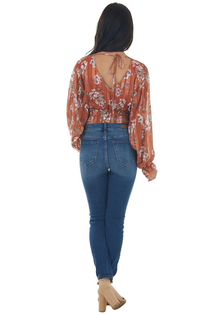 Tawny Floral Surplice Cropped Satin Blouse 