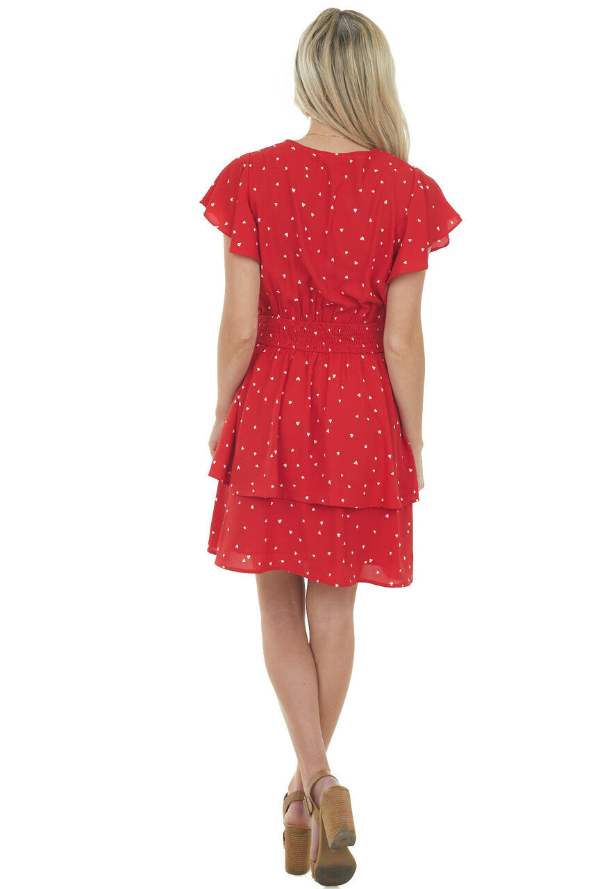 Lipstick Red Heart Print Surplice Short Dress 