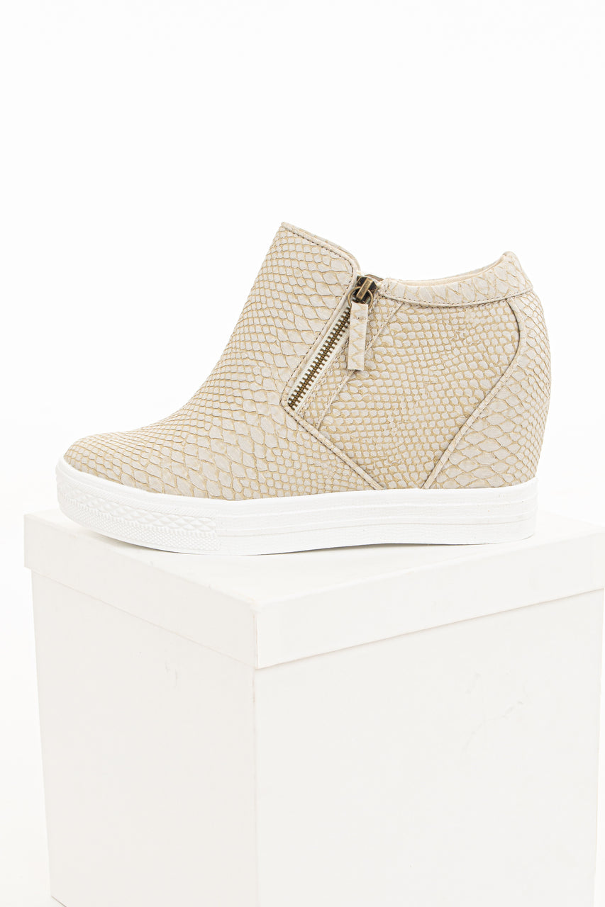 Beige Snakeskin Print Textured Wedge Sneaker with Zippers