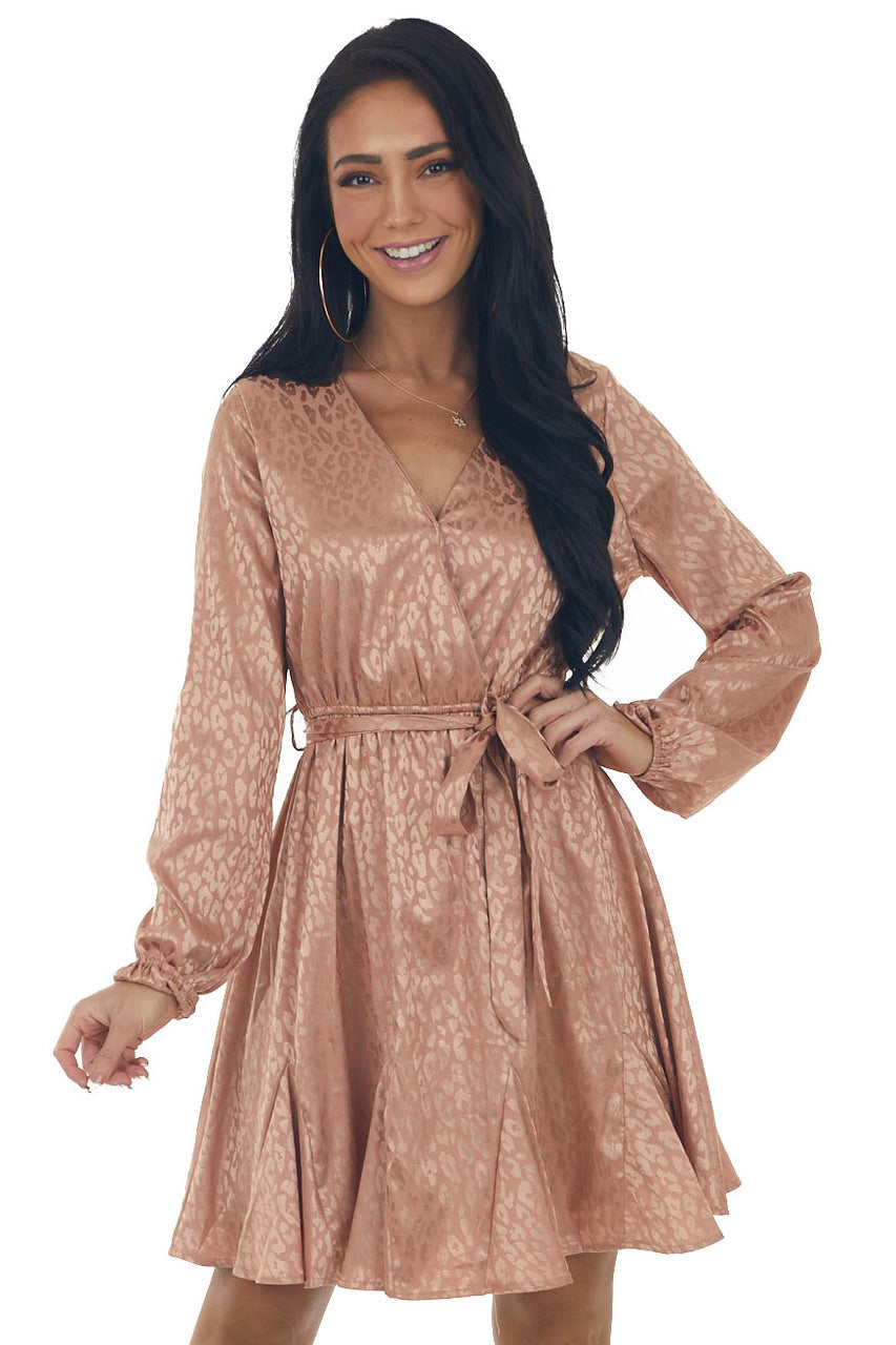 Apricot Leopard Surplice Flounce Hem Dress