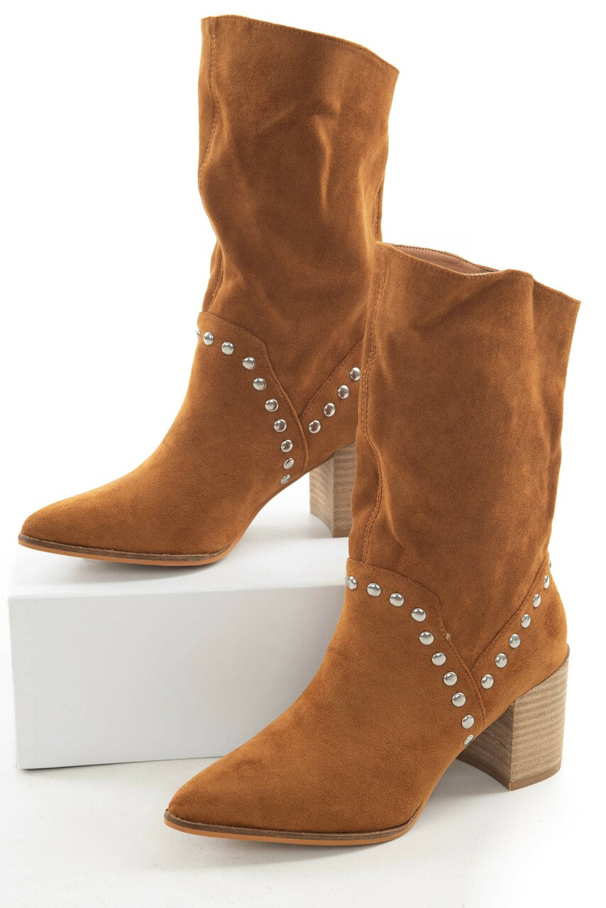 Caramel Suede Pointed Toe Studded Midi Booties