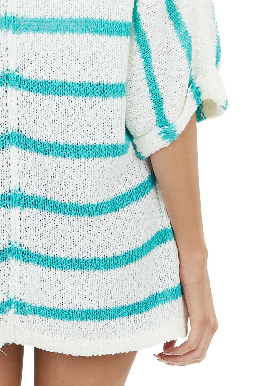 Bright Teal Striped Textured 3/4 Sleeve Knit Cardigan