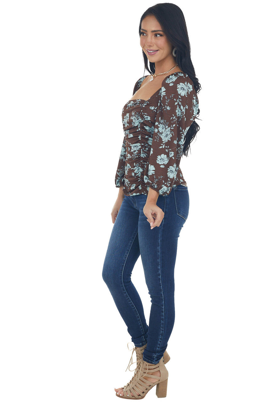 Cocoa and Sky Blue Floral Peasant Sleeve Top