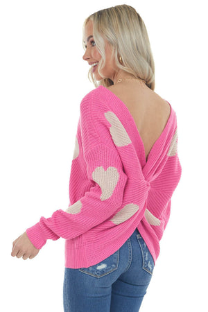 Light Magenta Heart Print Twist Back Sweater