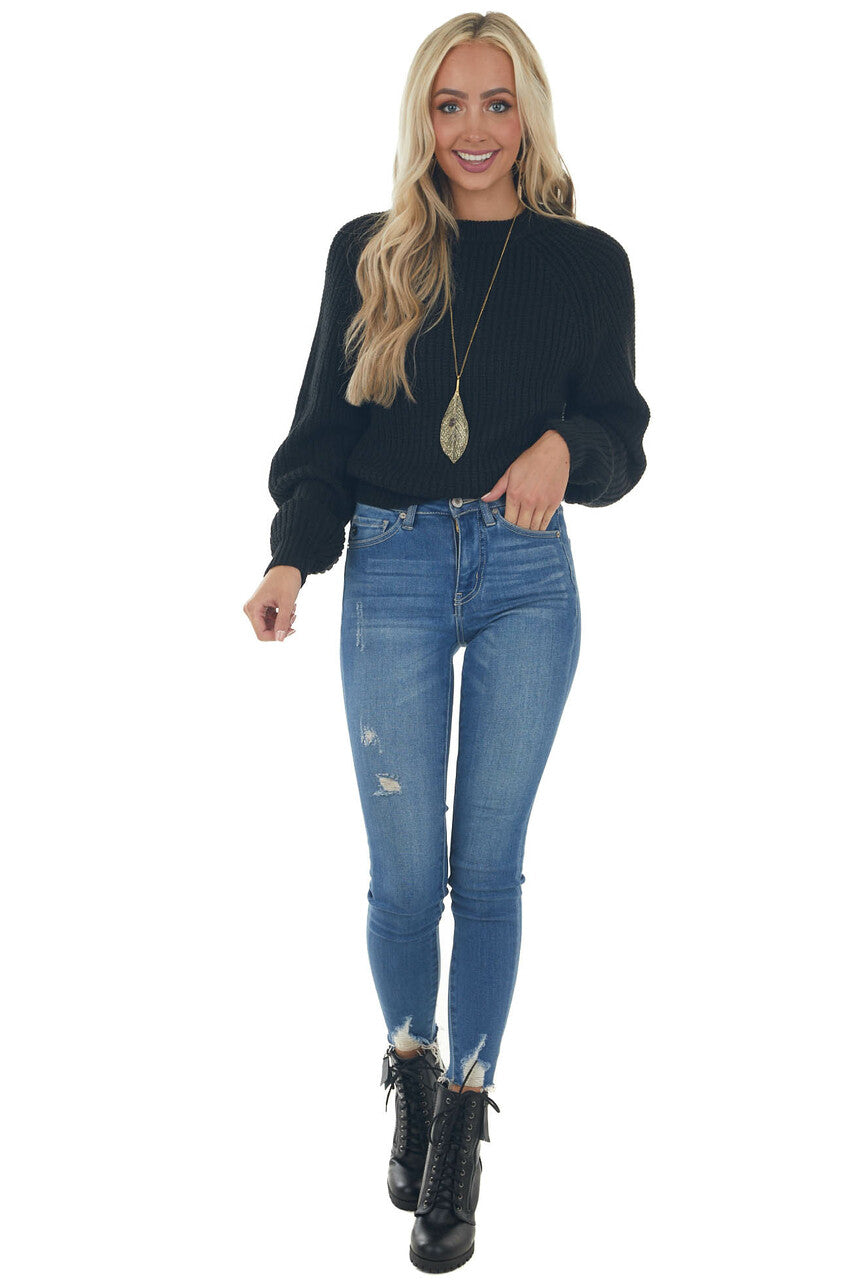 Black Raglan Sleeve Slight Crop Sweater