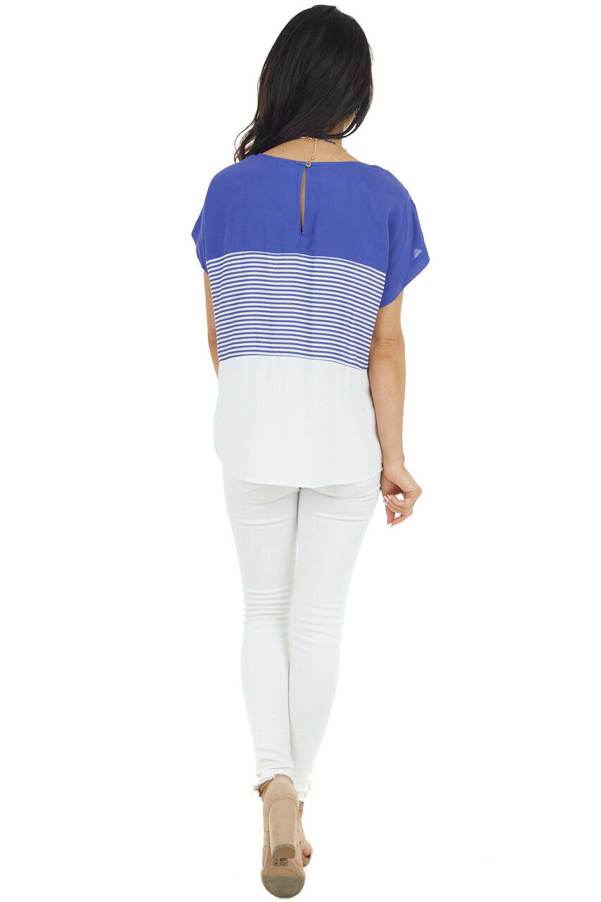Royal Blue and White Colorblock Striped Short Sleeve Top