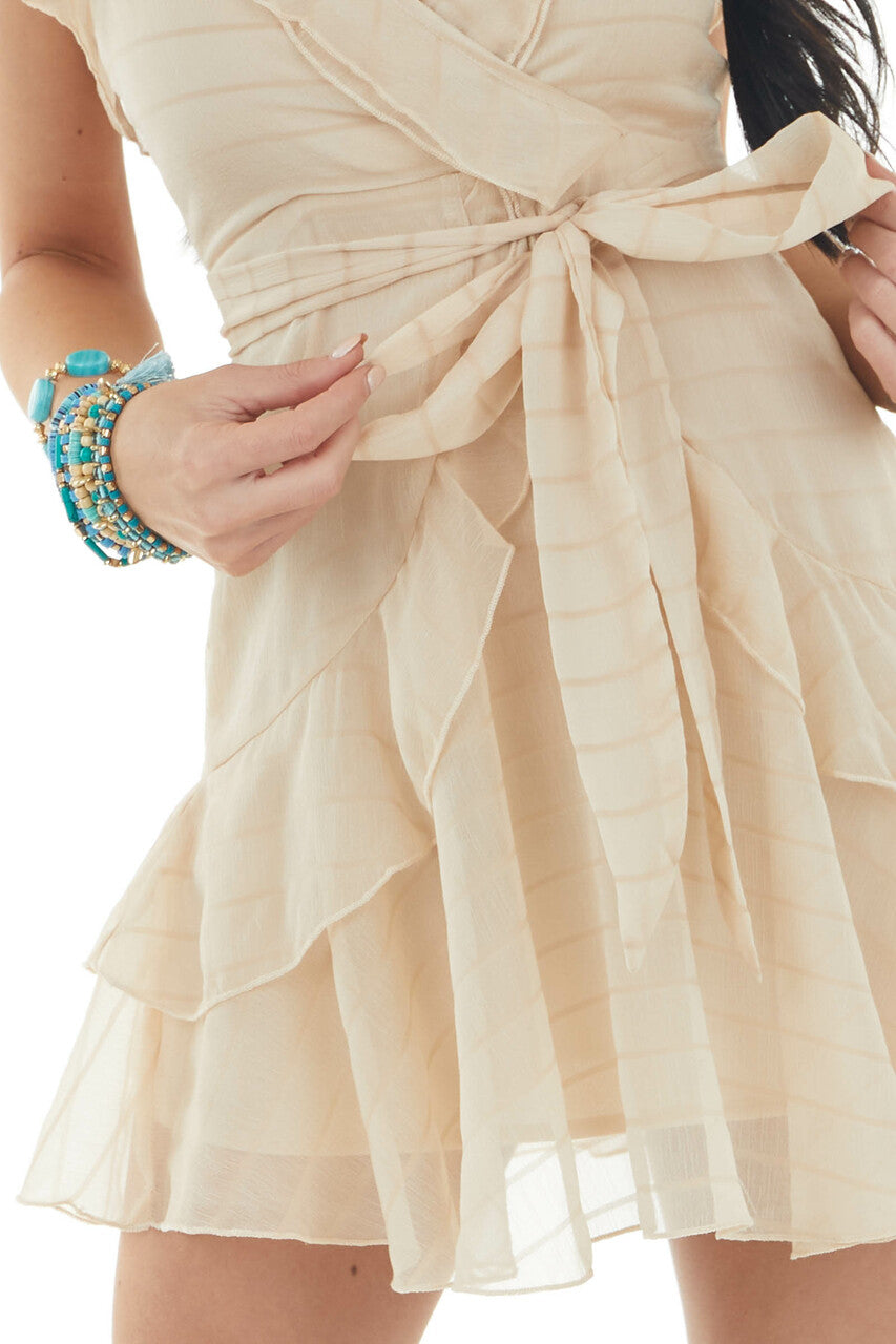 Latte Textured Stripe Surplice Dress with Ruffle Details