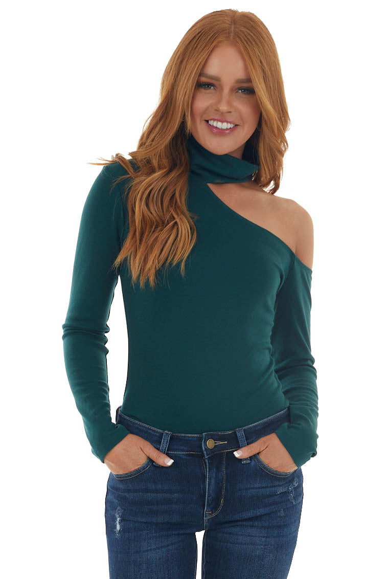 Forest Green Mock Neck Cold Shoulder Top