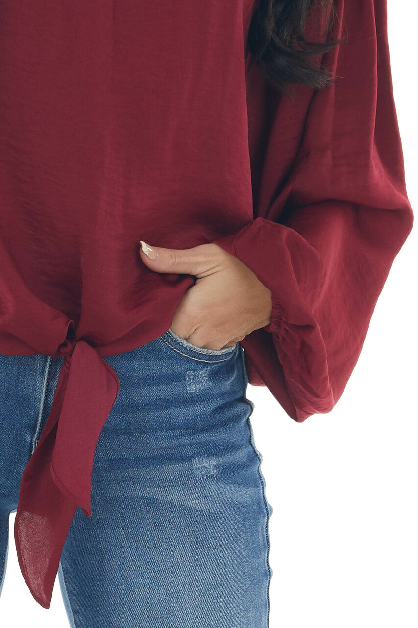 Maroon Bubble Sleeve Blouse with Tie Detail 
