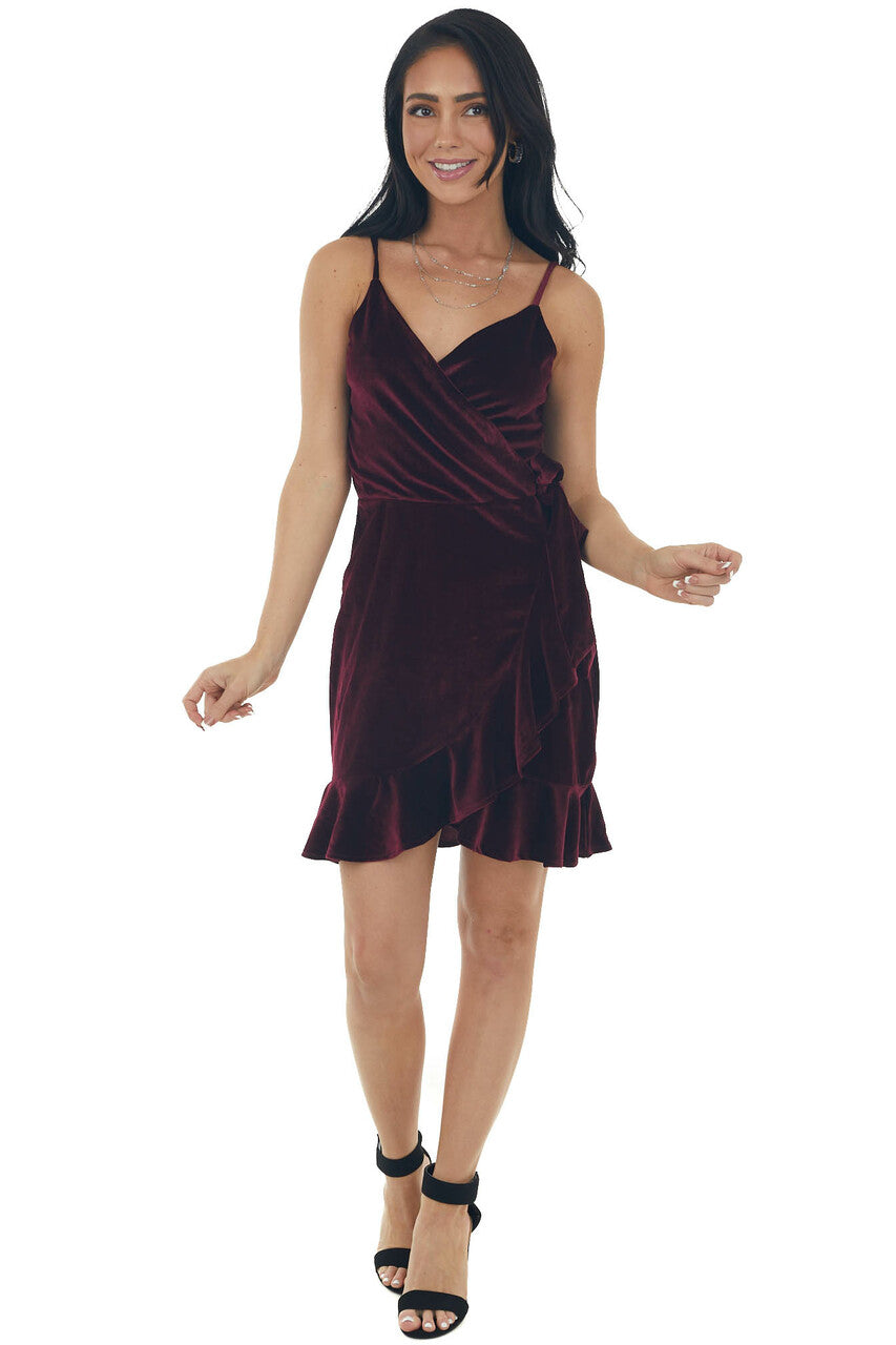 Wine Surplice Wrap Tie Velvet Mini Dress