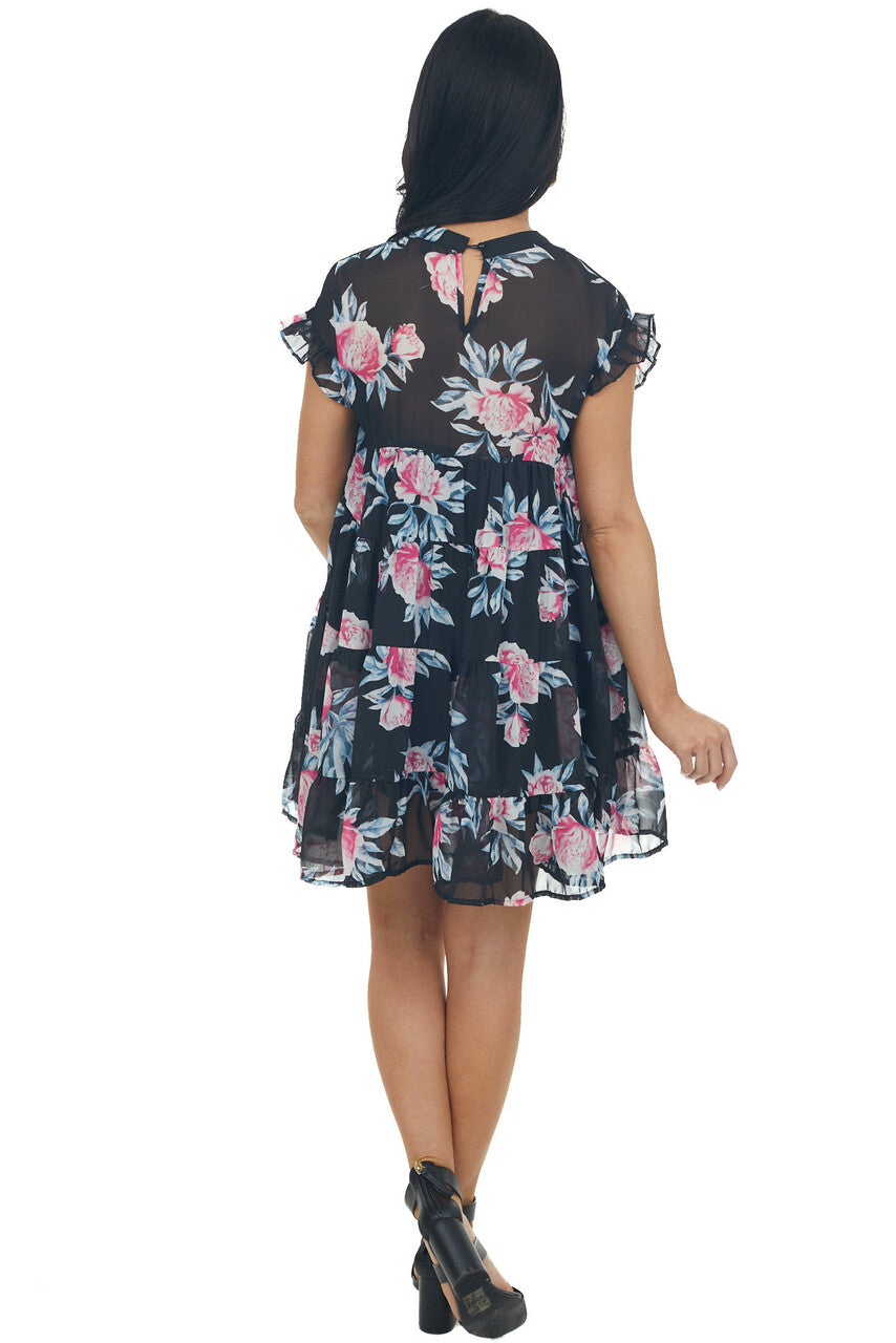 Black Floral Print Short Sleeve Tiered Babydoll Short Dress