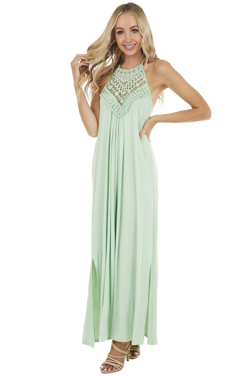 Pale Mint Sleeveless Maxi Dress with Front Lace Detail
