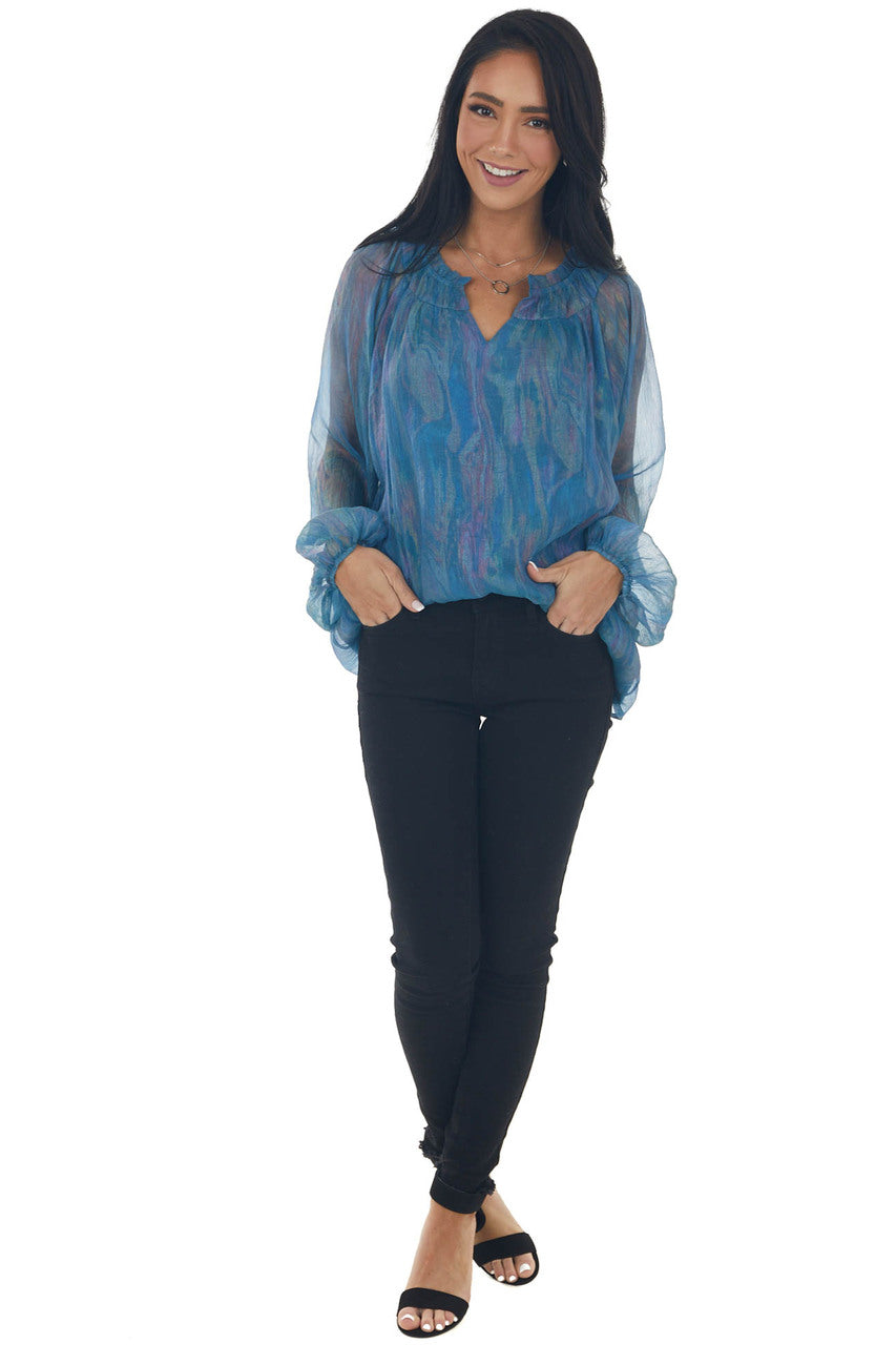 Ocean Pearlescent Sheer Long Sleeve Blouse 