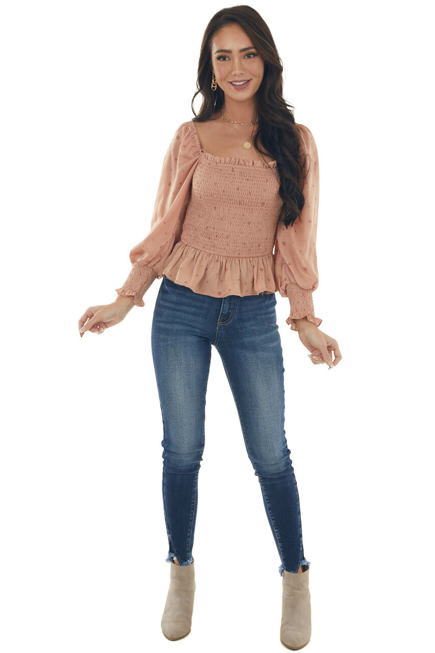 Dark Coral Dotted Smocked Bodice Peplum Blouse
