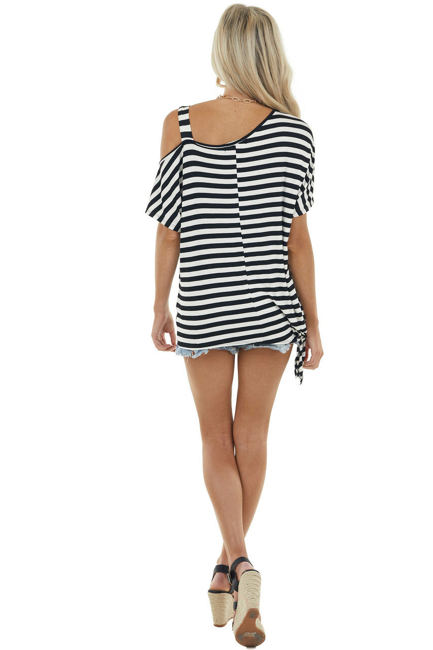 Black and Ivory Striped One Cold Shoulder Knit Top with Tie