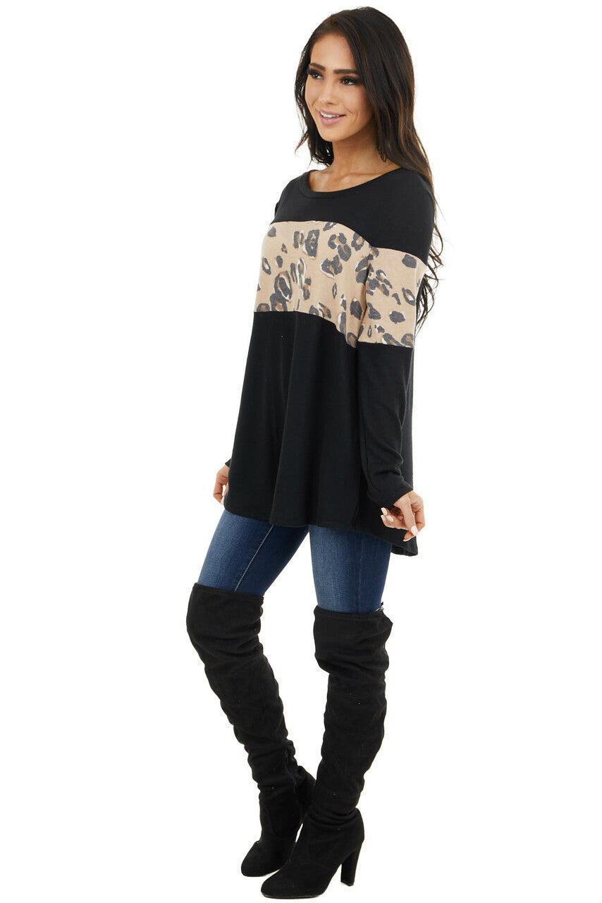 Black and Latte Leopard Print Long Sleeve Lightweight Top