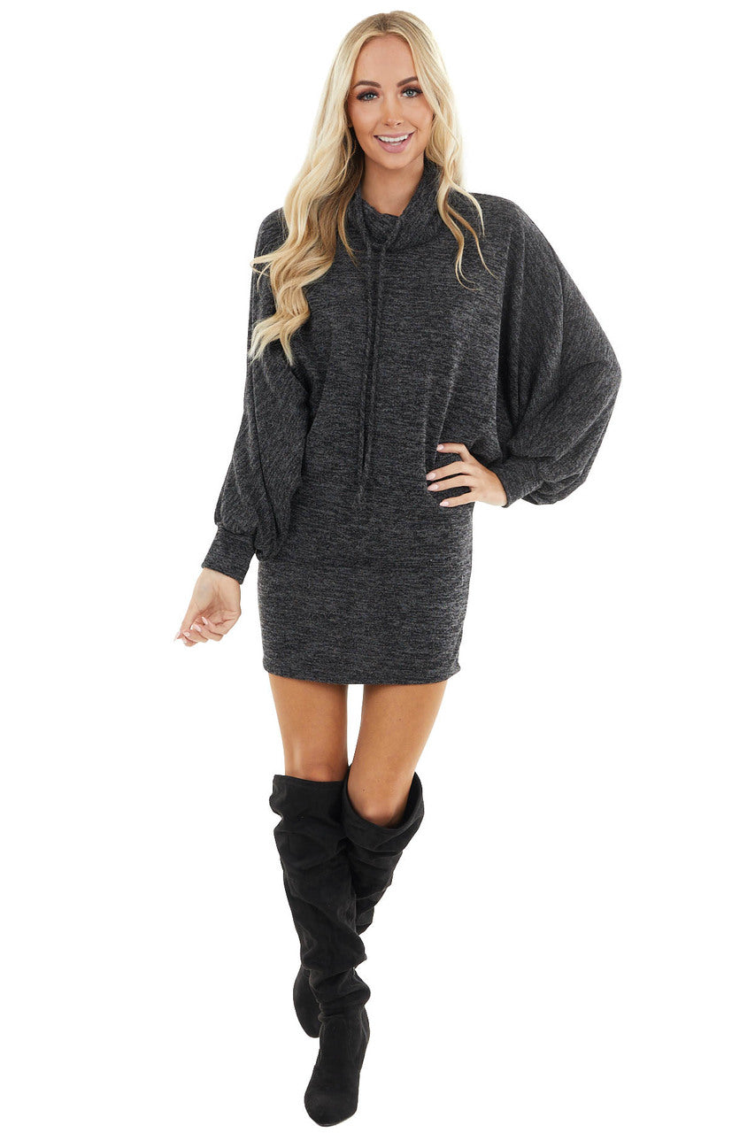 Black Two Tone Long Dolman Sleeve Dress with Cowl Neckline