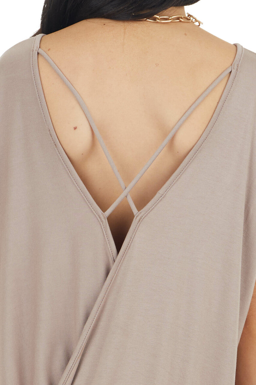 Mocha Short Sleeve Knit Top with Back Draped Twist Detail