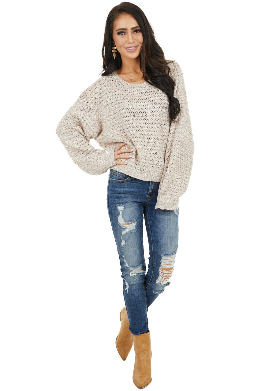 Dusty Rose Two Tone Loose Knit Sweater with Bubble Sleeves