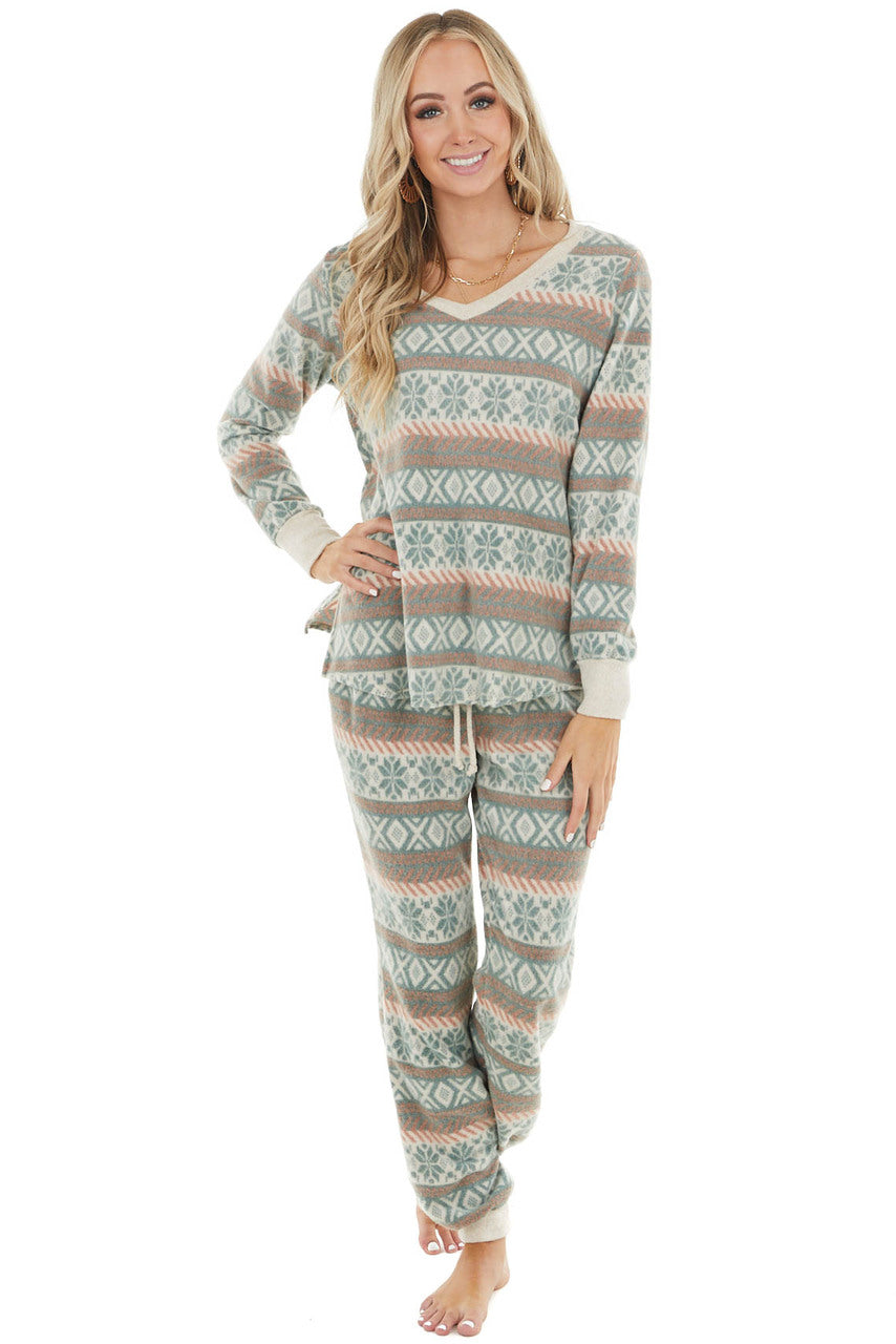 Faded Pine Green Long Sleeve Fleece Fair Isle Knit Top