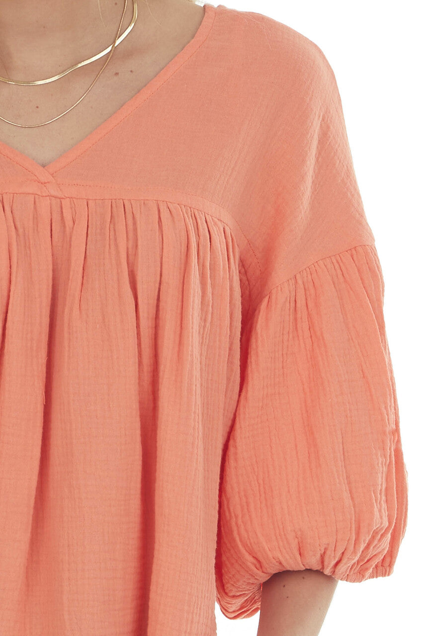 Vivid Salmon Textured V Neck Babydoll Top