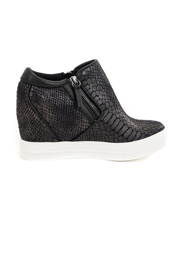 Black Snakeskin Print Textured Wedge Sneaker with Zippers