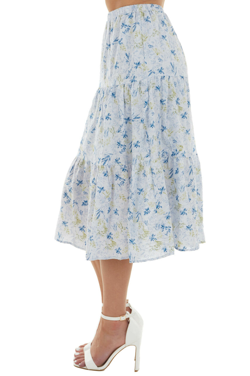 Pastel Blue Floral Tiered Midi Woven Skirt