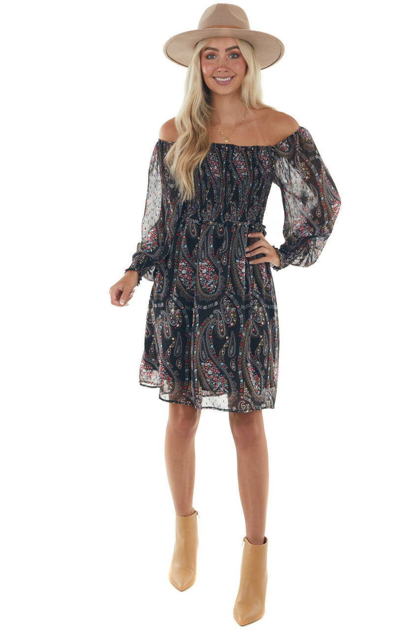 Black Paisley Print Smocked Woven Short Dress