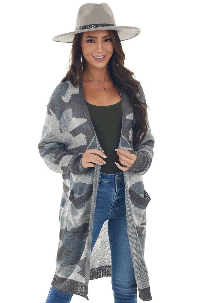 Steel Grey Camo Print Stretchy Knit Cardigan 
