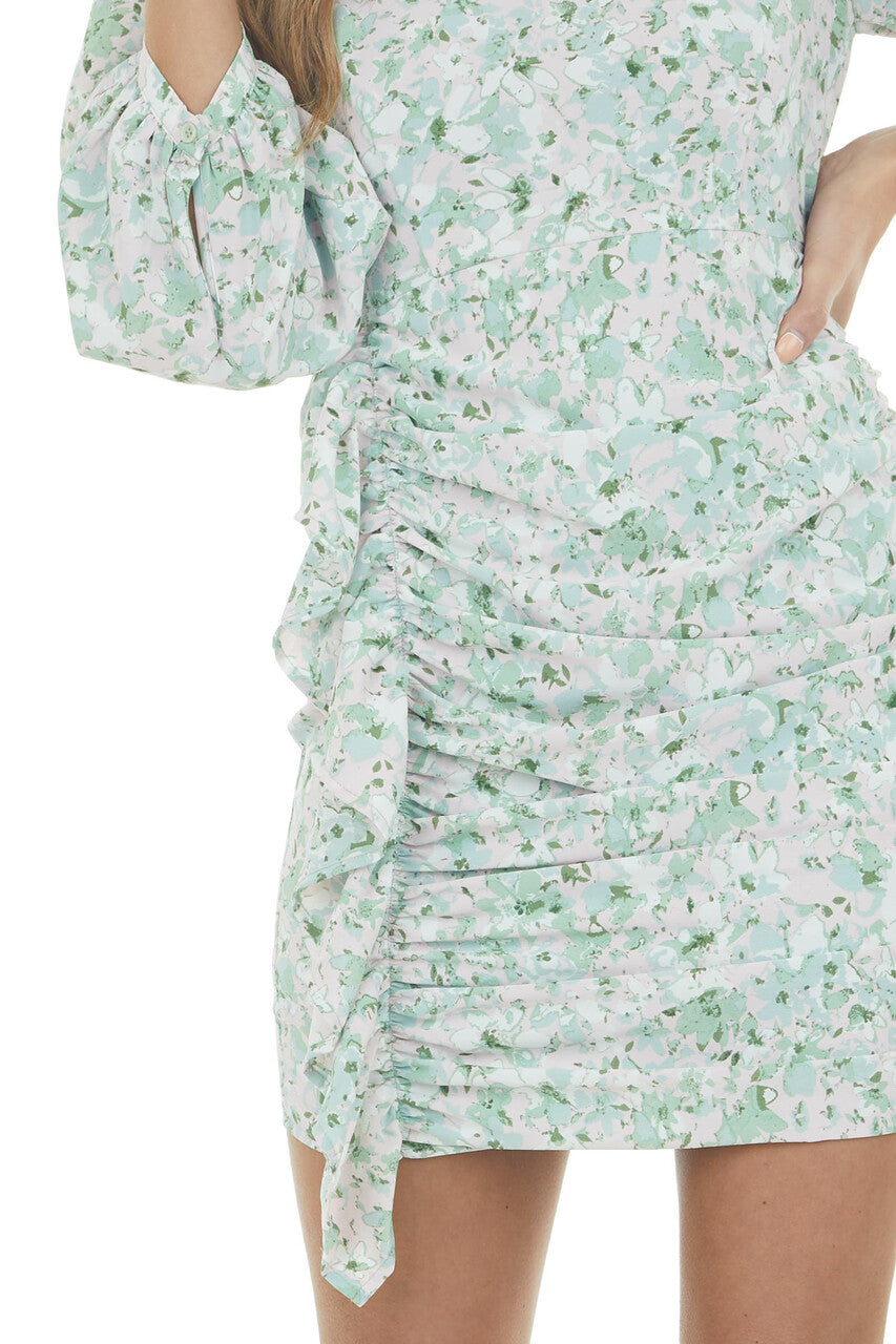 Mint Floral Long Sleeve Ruched Short Dress 