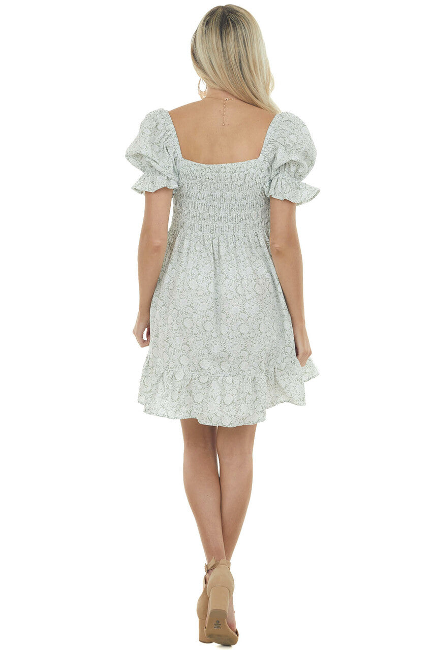 Sage Floral Half Puff Sleeve Smocked Dress