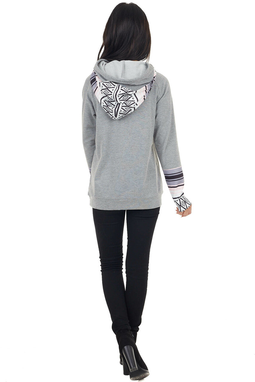 Heathered Stone Double Hooded Hoodie with Aztec Details