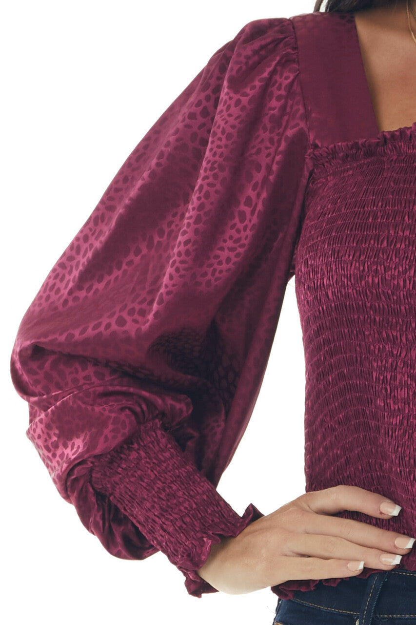 Wine Red Animal Textured Smocked Silk Blouse