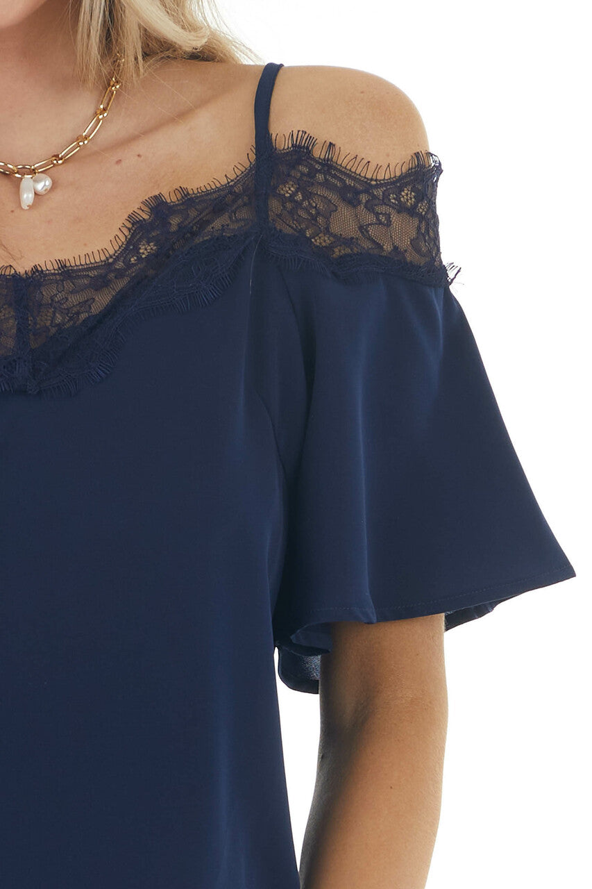 Navy Blue Cold Shoulder Short Sleeve Blouse with Lace