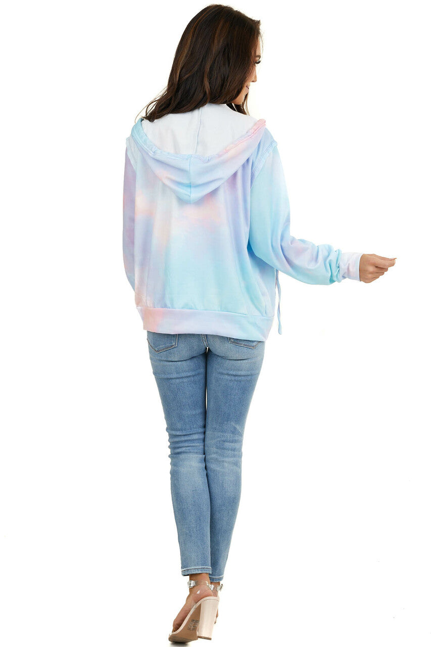 Sky Blue Tie Dye Zip Up Front Hoodie with Drawstrings