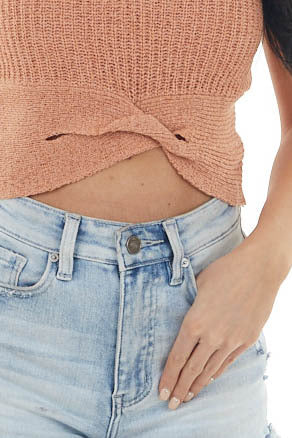 Salmon Sleeveless Knit Crop Top with Front Twist Detail 