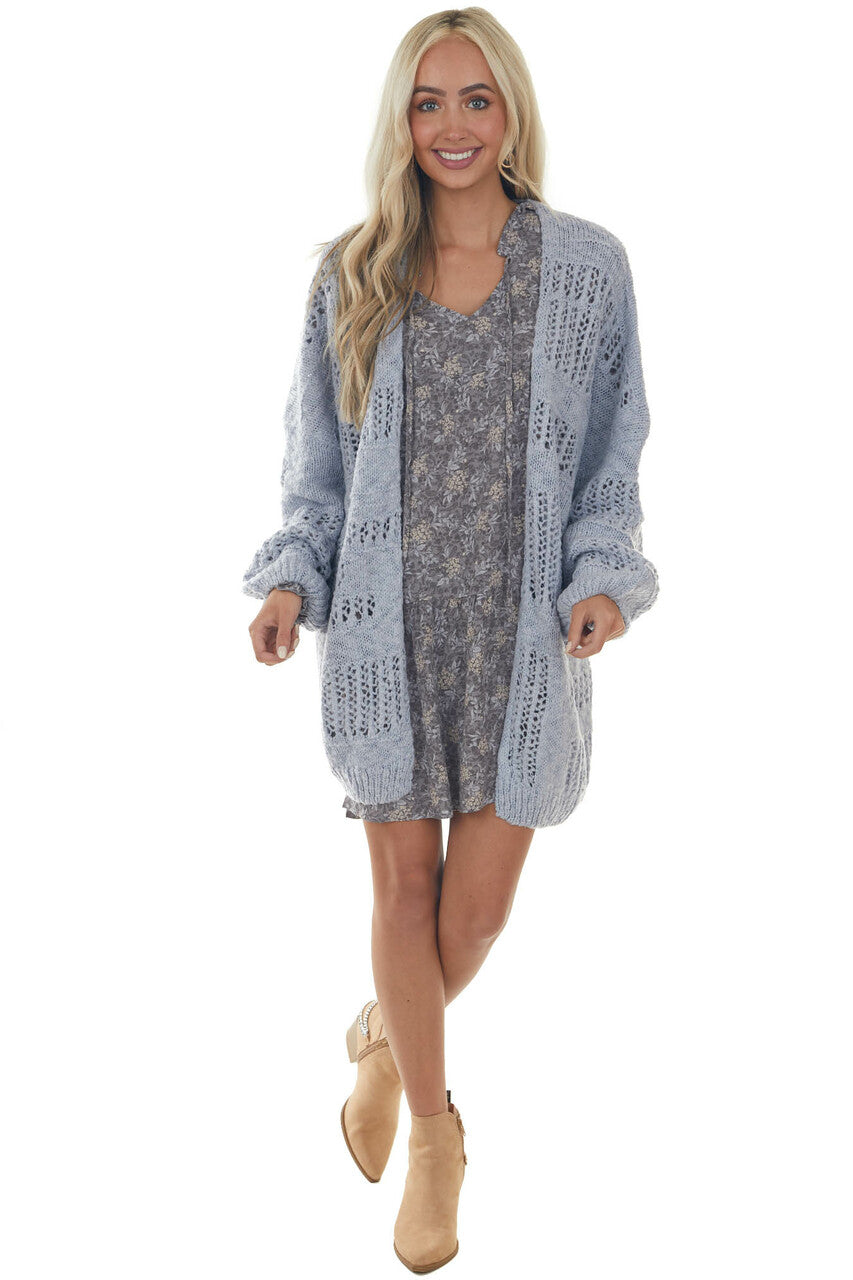 Steel Grey Floral Print Long Sleeve Mini Dress