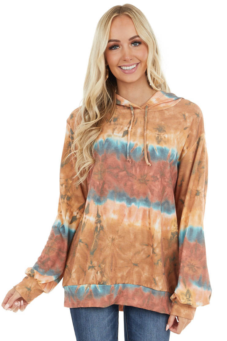 Camel and Rust Tie Dye Long Sleeve Lightweight Hoodie 