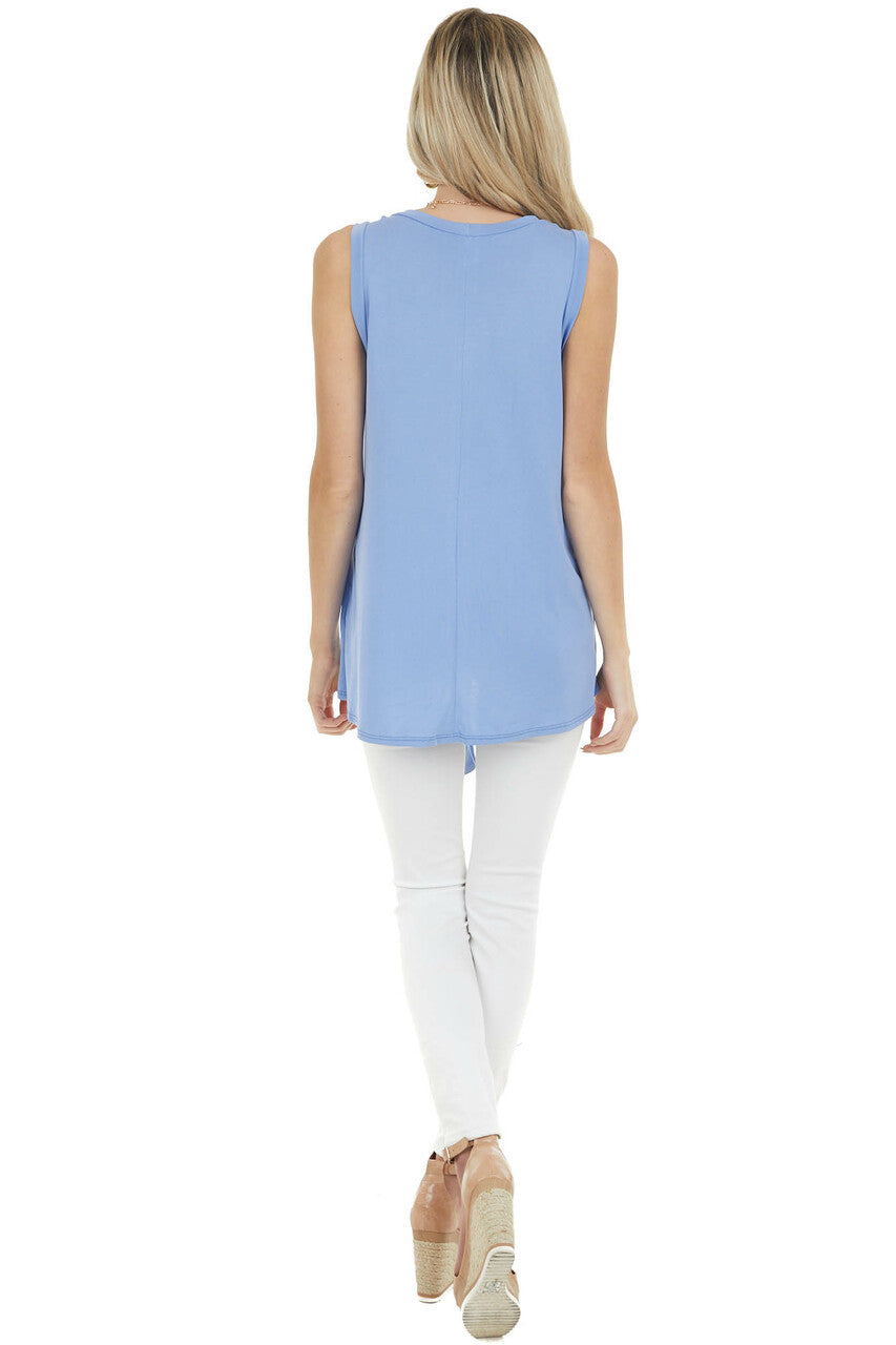 Dusty Blue Sleeveless Knit Top with Front Tie Detail