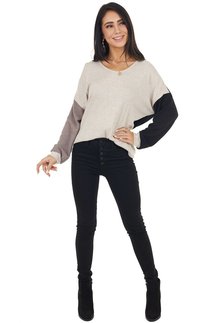 Blush Black and Taupe Colorblock Top with Back Twist Detail 