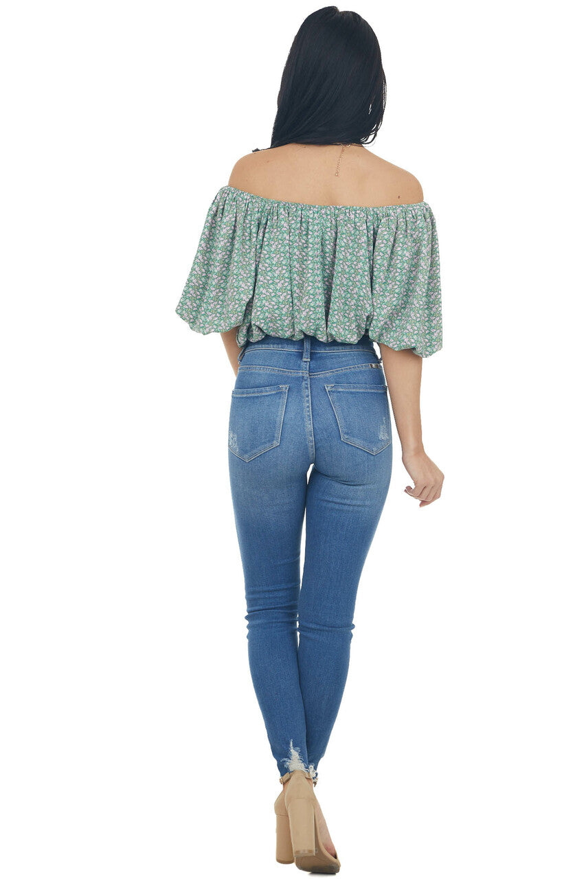 Jade Ditsy Floral Print Boat Neck Crop Top