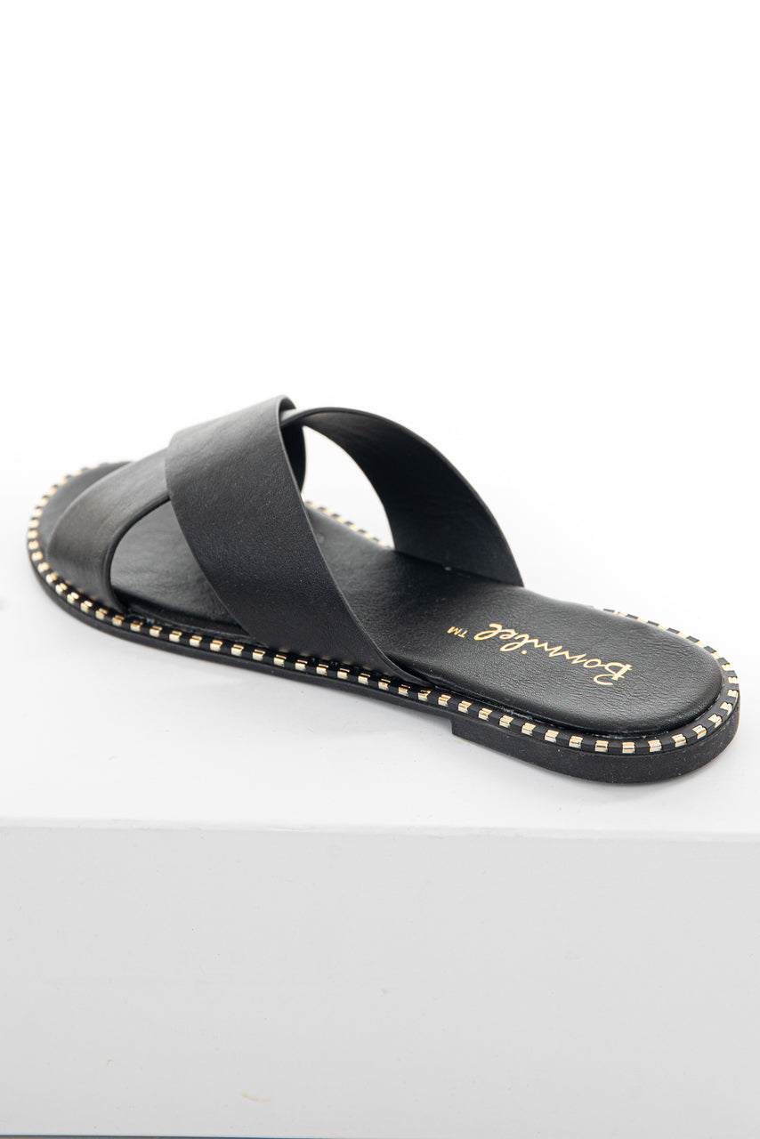 Black Criss Cross Slip On Sandals with Metallic Details 