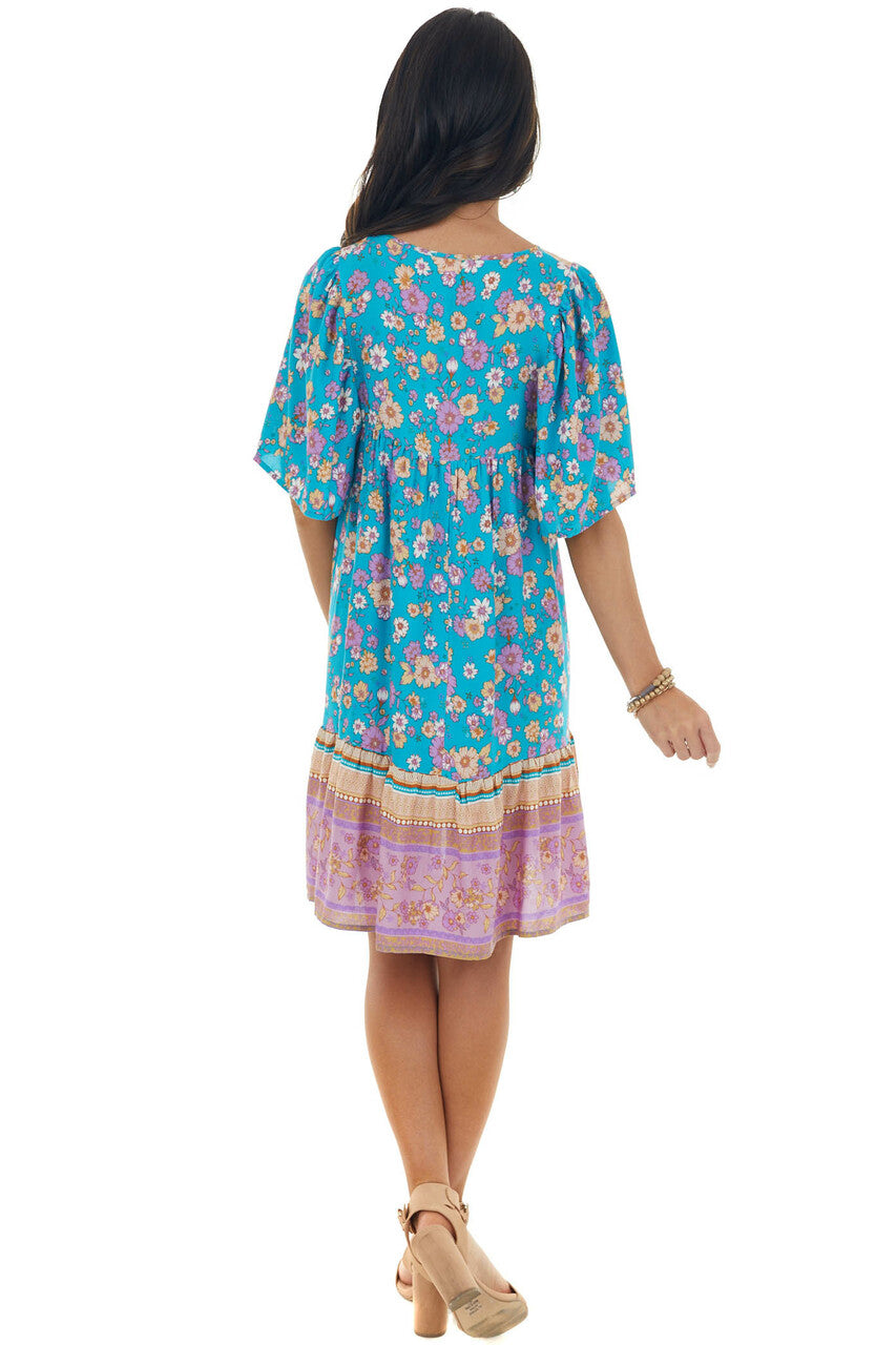 Teal Floral Print Short Dress with Front Tie