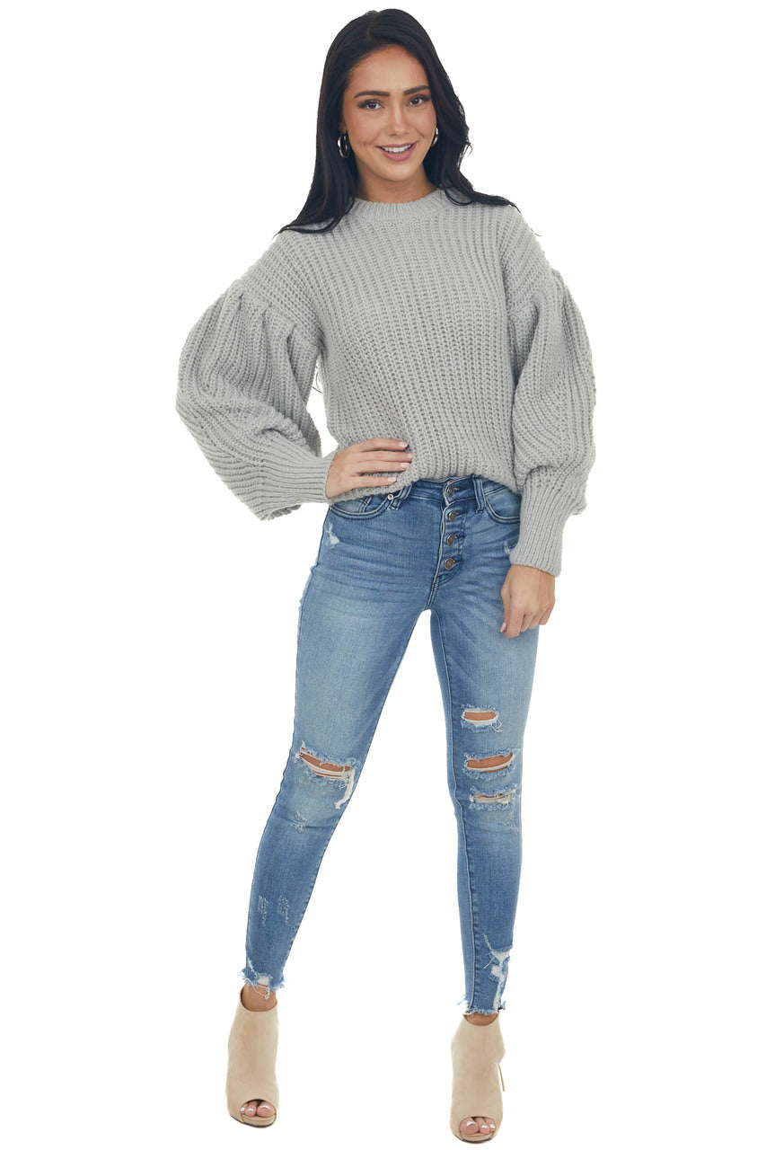 Pewter Grey Puff Sleeve Thick Knit Sweater