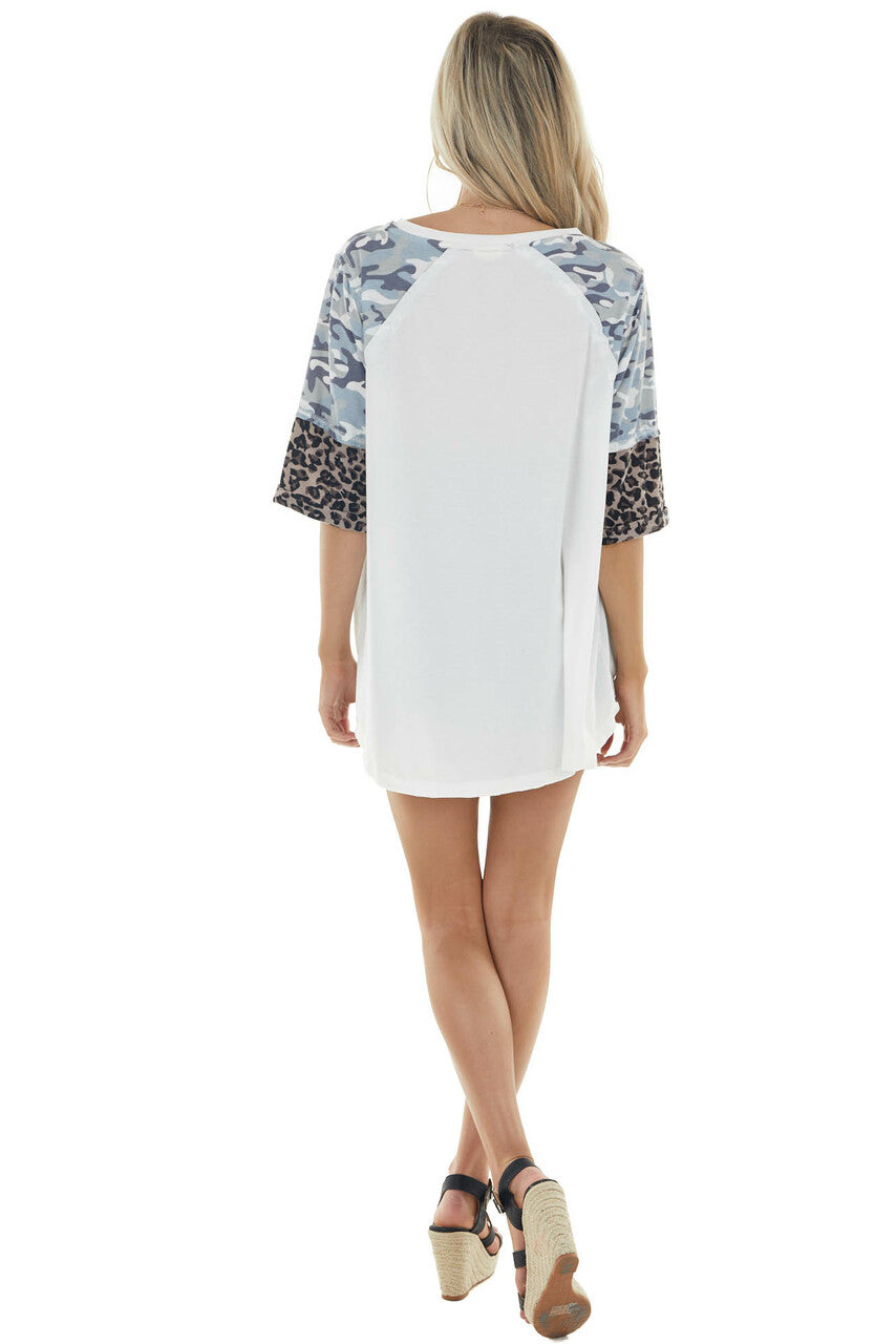 Ivory Super Soft Knit Top with 3/4 Length Multiprint Sleeves