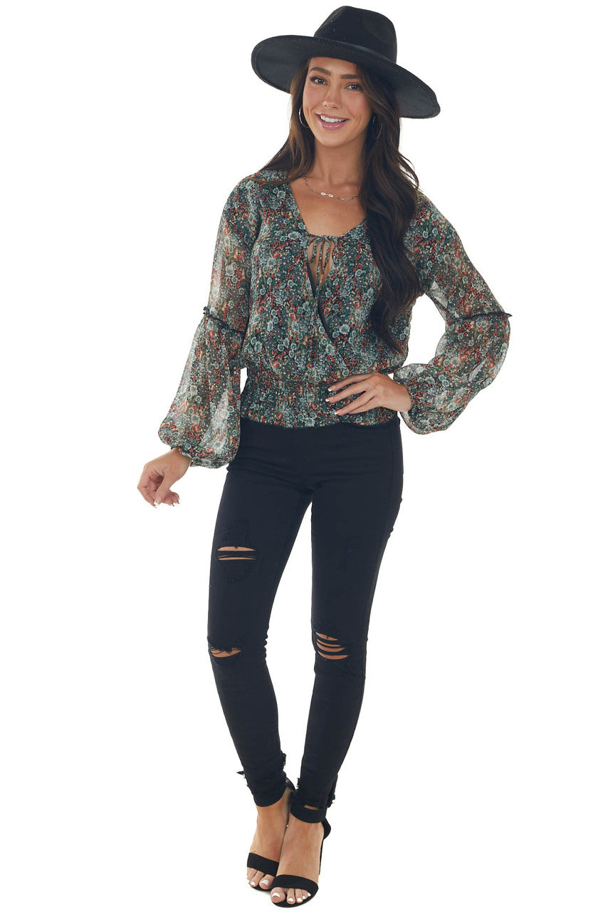 Black Floral Print Surplice Blouson Woven Top 
