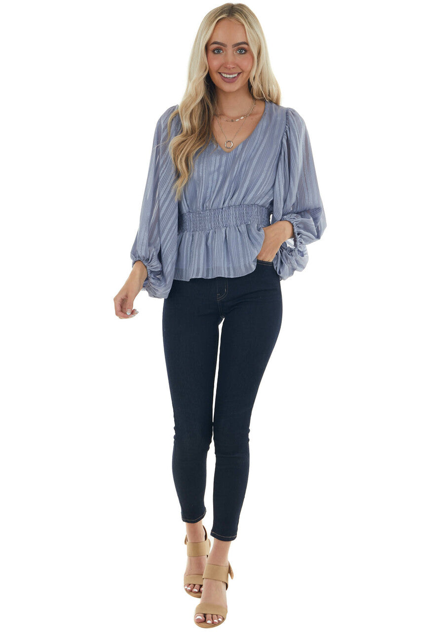 Slate Blue Striped Jacquard Smocked Blouse