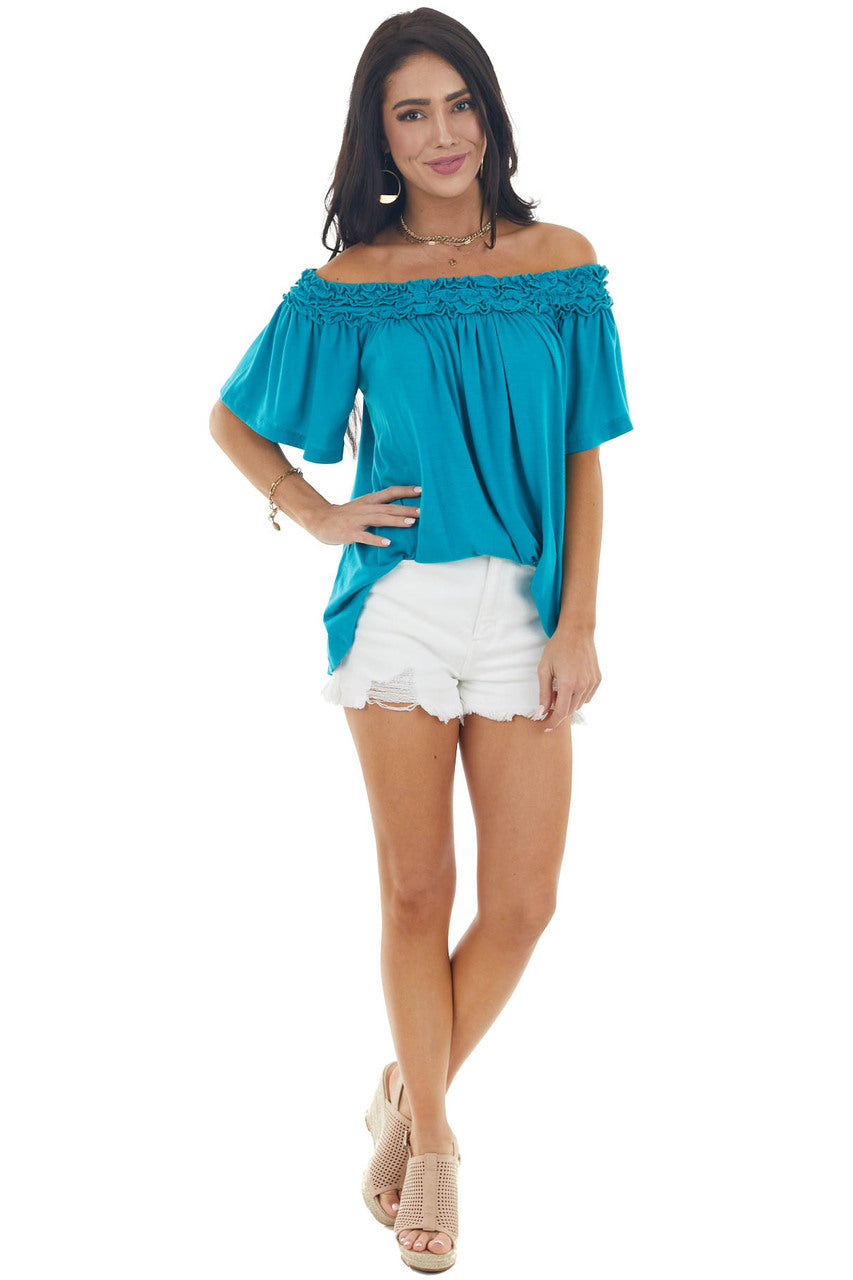 Deep Aqua Frilled Off the Shoulder Short Sleeve Knit Top