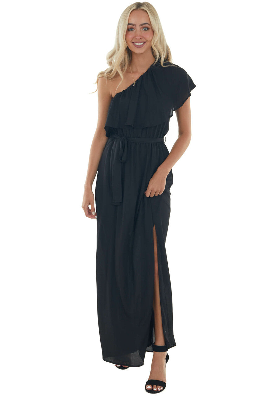 Black One Shoulder Ruffle Overlay Maxi Dress