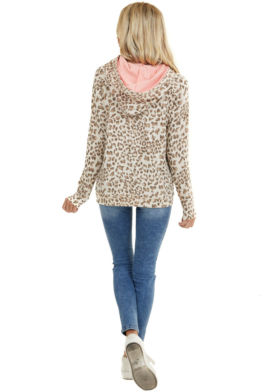 Ivory Leopard Hoodie with Pink Contrast and Side Zipper 